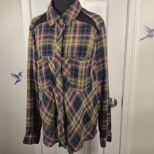 Free People Plaid Plaid Flannel Button-Up Shirt Cutout Shoulder Detail Size: S